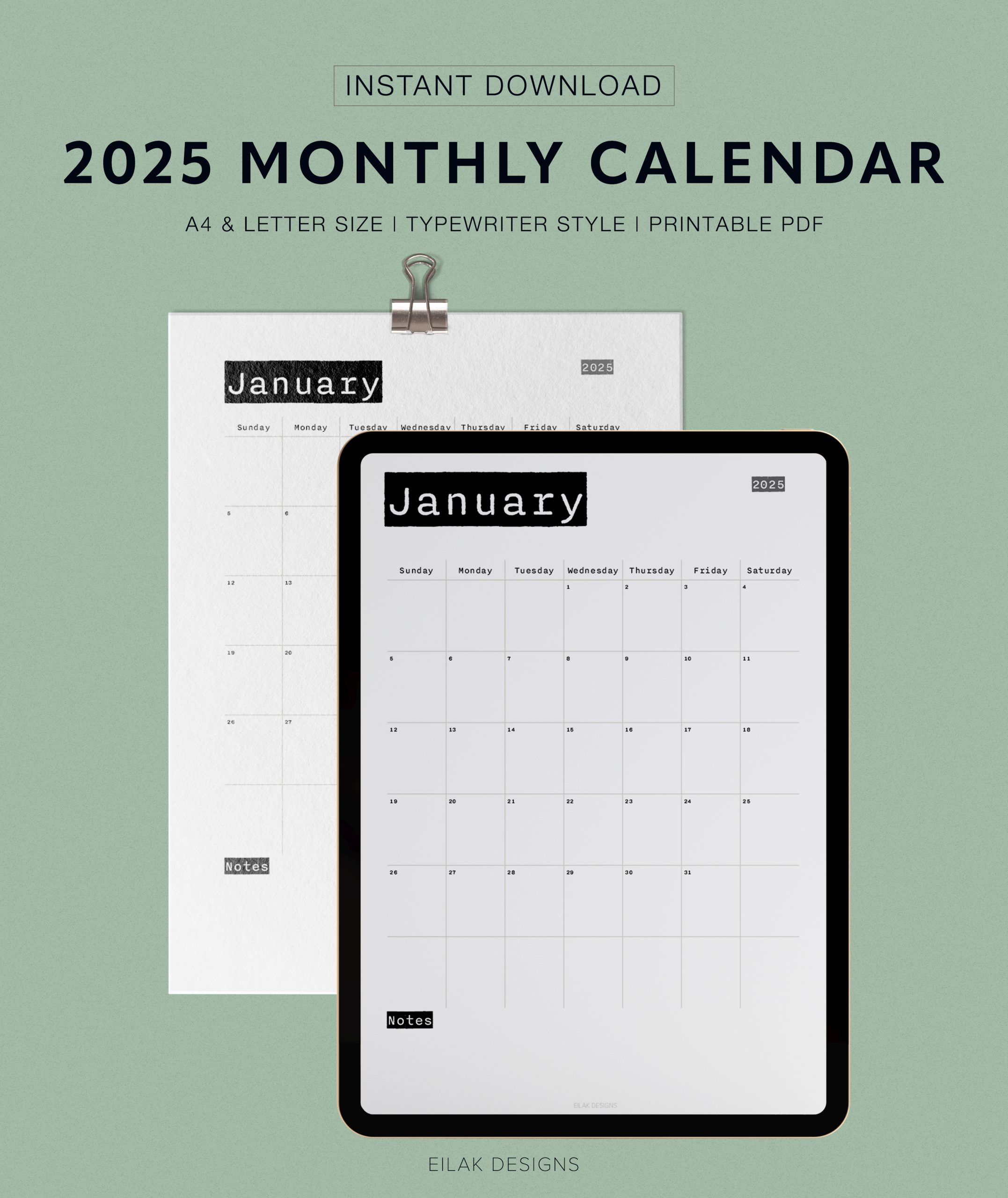 2025 monthly calendar typewriter | digital download